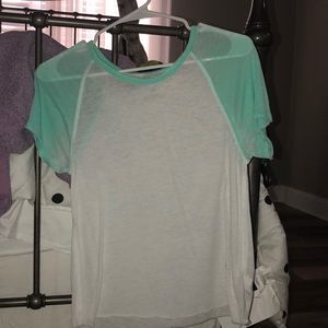 short sleeve white t shirt with teal sleeves